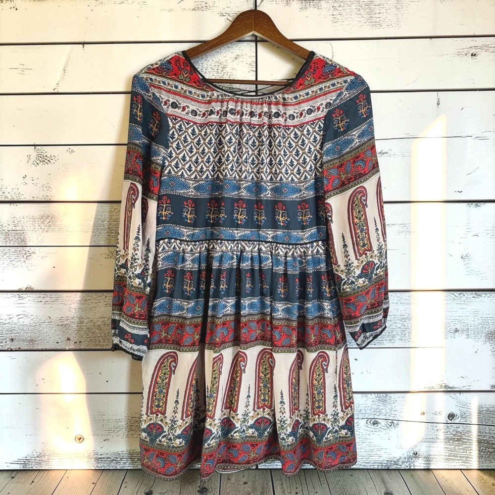 Mini Dress Twelfth Street by Cynthia Vincent S Rayon Silk Paisley Boho Peasant